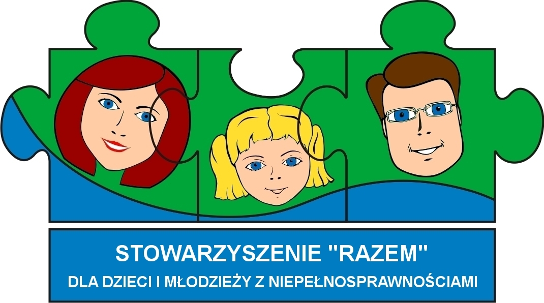 Logo Stowarzyszenia. Trzy zielone puzzle połączone ze sobą, i kolejno obrazkami: kobiety, dziewczynki i mężczyzny. Pod spodem na osobnym niebieskim prostokącie biały napis: Stowarzyszenie „RAZEM” dla Dzieci i Młodzieży z Niepełnosprawnościami.